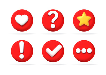Set of 3D icons for social media. 3d vector rendering of check mark, heart, star, message and question symbol. Vector illustration