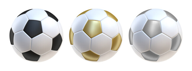 white soccer balls 3d icons. Balls with black gold and silver colors inserts. 3d vector render Symbol or emblem football . Vector illustration