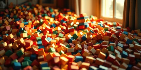 Obraz premium A multitude of colorful wooden blocks bathed in sunlight, creating a vibrant and playful scene.
