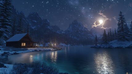 Fototapeta premium Serene winter night scene of a cozy cabin nestled by a tranquil lake, surrounded by snow-capped mountains under a starry sky and bright moon.
