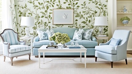 Fototapeta premium Light blue living room with floral wallpaper, sofa, armchairs, and coffee table.
