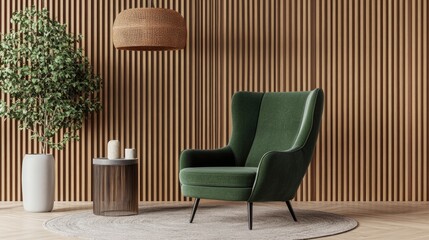 Cozy green armchair in modern minimalist indoor setting