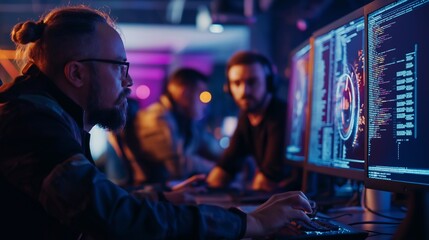 A diverse team of developers, man collaborating on futuristic technology projects, digital screens displaying holograms and coding. The innovation, teamwork, technological advancements, tech business