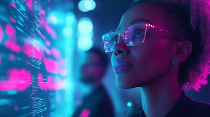 Female developer, woman collaborating on futuristic technology projects, digital screens displaying holograms and coding. The innovation, technological advancements, tech business. neon light