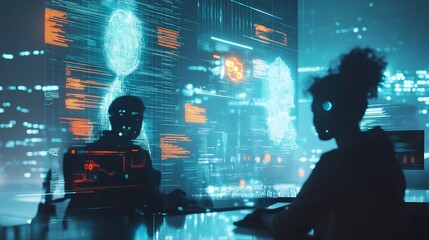 Female developer, woman collaborating in a team on futuristic technology projects, digital screens displaying holograms and coding. The innovation, technological advancements, tech business