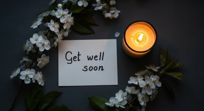 Get well soon card surrounded by flowers and a lit candle - Powered by Adobe