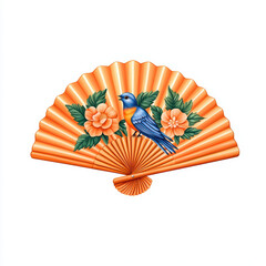 vibrant orange fan featuring blue bird and blooming flowers, perfect for decoration