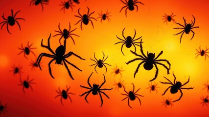 A Swarm of Silhouettes  Arachnids on an Orange Background