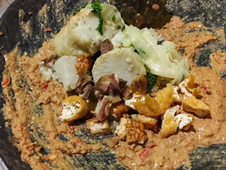 Rujak Cingur. Traditional Javanese food consisting of lontong with vegetables, peanut sauce, petis, tempeh, tofu, beef tongue, and crackers.