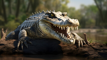 Obraz premium Close-up View of a Large Crocodile Basking in the Sun on a River Bank, with Dense Mangroves in the Background