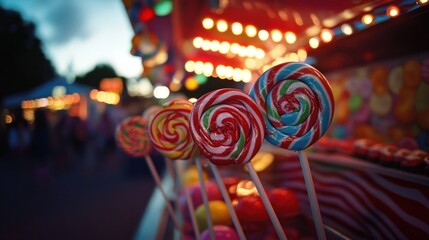Colorful swirl lollipops at a funfair at night.