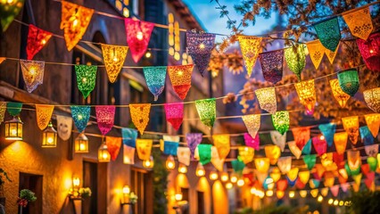 Fototapeta premium Vibrant Hispanic Heritage Fiesta: Colorful Paper Flags & Garlands in Low Light