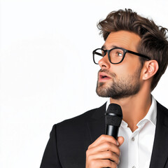 Naklejka premium A man in a suit holding a microphone, speaking confidently, isolated on white
