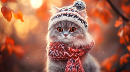 Cute gray cat wearing winter hat and scarf outdoors in autumn.