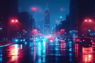 Neon City Street at Night Rain Reflecting Lights