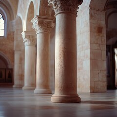 columns of Klis Church, showcasing the grand interior space with soft natural light, creating a serene