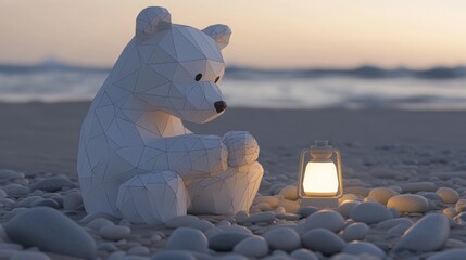 Low-poly polar bear figurine sits on beach at sunset, next to a lit lantern.