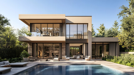 Modern luxury home design outdoor pool area real estate suburban setting wide angle view contemporary architecture