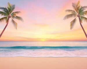 Fototapeta premium A beach sunset wedding backdrop with palm trees and gentle waves.
