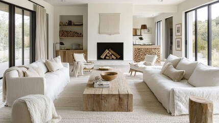 A contemporary Scandinavian living room with a built-in wood storage fireplace, neutral decor, and soft textures for a cozy atmosphere