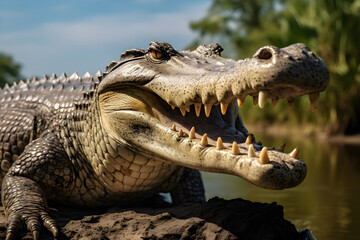Obraz premium Close-up View of a Large Crocodile Basking in the Sun on a River Bank, with Dense Mangroves in the Background