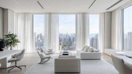 Fototapeta premium A refined office space featuring minimalist white furniture, subtle gray accents, and floor-to-ceiling windows with sheer curtains