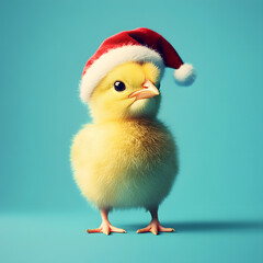Cute yellow chick wearing a Santa hat celebrates the holiday season in a playful pose against a bright background