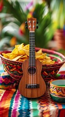 Fototapeta premium Vibrant ukulele on a colorful table with snacks in a tropical setting