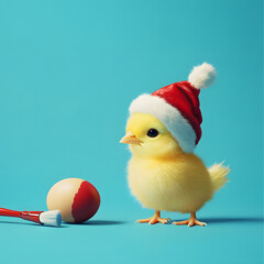 Cute yellow chick wearing a red Christmas hat next to a painted egg and brush on a vibrant blue background