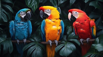 Fototapeta premium Three colorful macaws perched on branch, tropical leaves.
