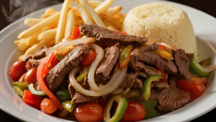 Lomo Saltado, steamed. There are strips of marinated beef fried with onions, tomatoes and bell peppers on the plate. The dish is served with French fries and a mound of steamed rice.