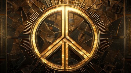 Fototapeta premium A golden peace symbol shines brightly on a dark, textured background.