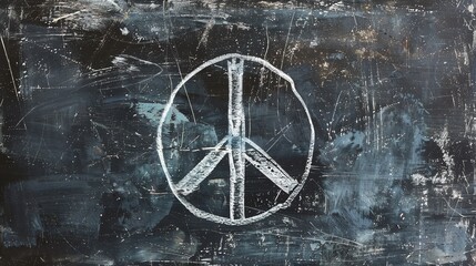A peace symbol drawn in white chalk on a dark, textured, and scratched surface.