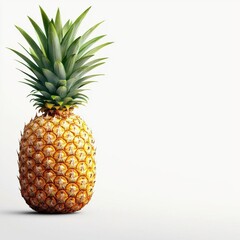 Fototapeta premium A fresh pineapple with vibrant green leaves sits against a plain background, showcasing its textured skin and tropical appeal.