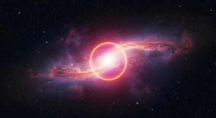 Fototapeta premium Cosmic Nebula Glowing Planet in Starry Night Sky Background