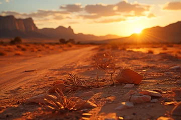  Behold mesmerizing spectacle of desert landscape, as radiant sun bids farewell, casting enchanting shadows that dance upon earth, leaving one in awe of its captivating allure © CreatyInstinct