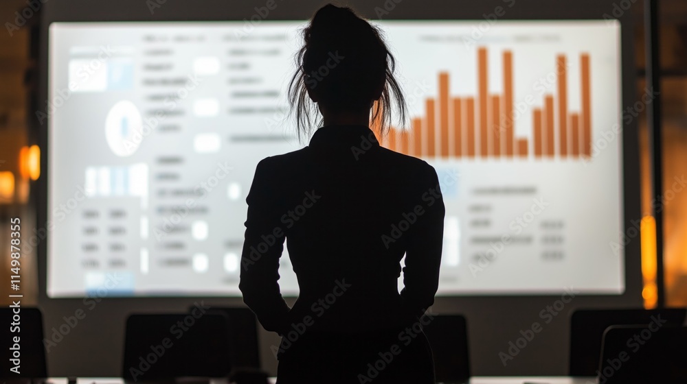 Poster a focused business woman stands before a large display screen filled with charts and graphs, engagin
