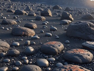 Obraz premium A vast, rugged volcanic rock field stretches towards the horizon, featuring a scattering of stones of varying sizes, from boulders to pebbles,generative ai