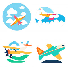 Colorful Illustrations of Airplanes in Various Flight Scenarios and Backgrounds