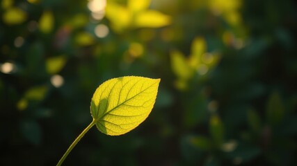 A single leaf illuminated by the warm glow of the setting sun, a vibrant green against a softly blurred background of foliage