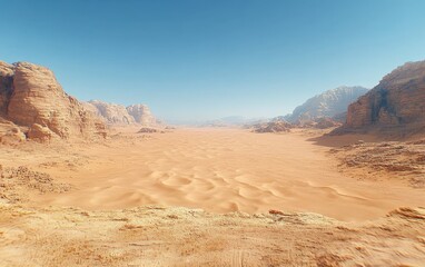 Fototapeta premium Vast desert landscape with sand dunes and rocky mountains under a clear blue sky.