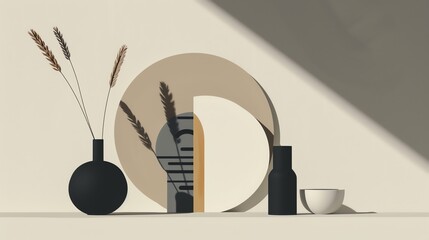 Minimalist still life with a black vase, a white bowl, and geometric shapes.