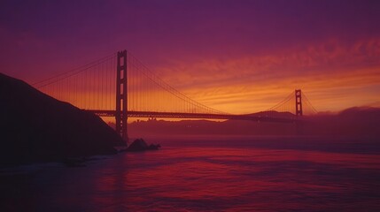 Obraz premium Golden Gate Bridge at sunset, the deep orange and purple sky creating a stunning contrast with the structure iconic silhouette