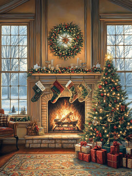 Cozy Christmas fireplace scene with stockings, tree, and presents.