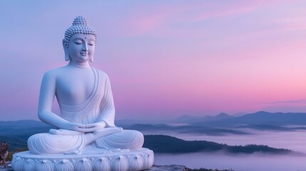 Serene white Buddha statue meditating on a mountaintop at dawn, overlooking a misty valley.