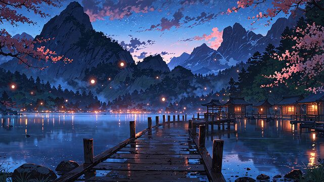 Stunning sunset landscape with vibrant clouds, lantern lit wooden bridge, and peaceful mountain lake in the golden hour light Illustration