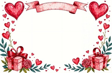 Horizontal frame of hearts and gift boxes, with space for text in the center, watercolor, horizontal banner, postcard for congratulations on Valentine's Day, anniversary.