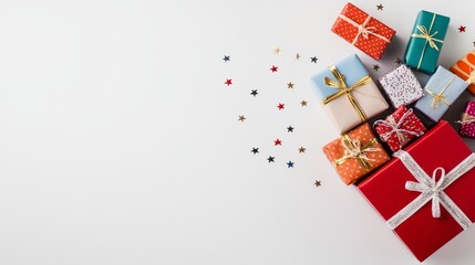 Fototapeta premium Christmas gifts reunion concept. Colorful wrapped gifts arranged on a white background with confetti.