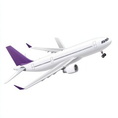 White passenger airplane in flight, purple accents.