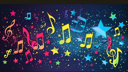 A colorful background with music notes and stars.